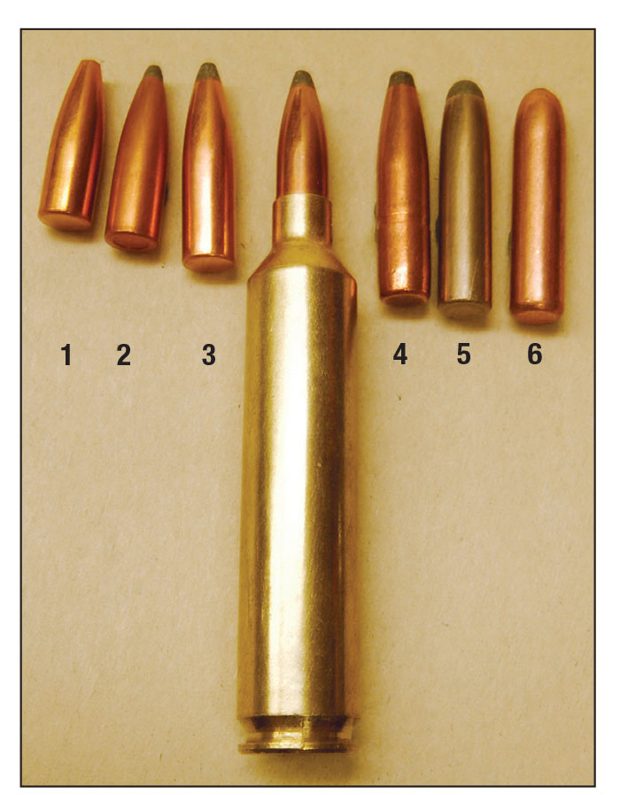 Factory length 26 Nosler and seating depth of bullets: (1) 85 grain, (2) 100 grain, (3) 120 grain, (4) 140 grain, (5) 155 grain and (6) 160 grain.